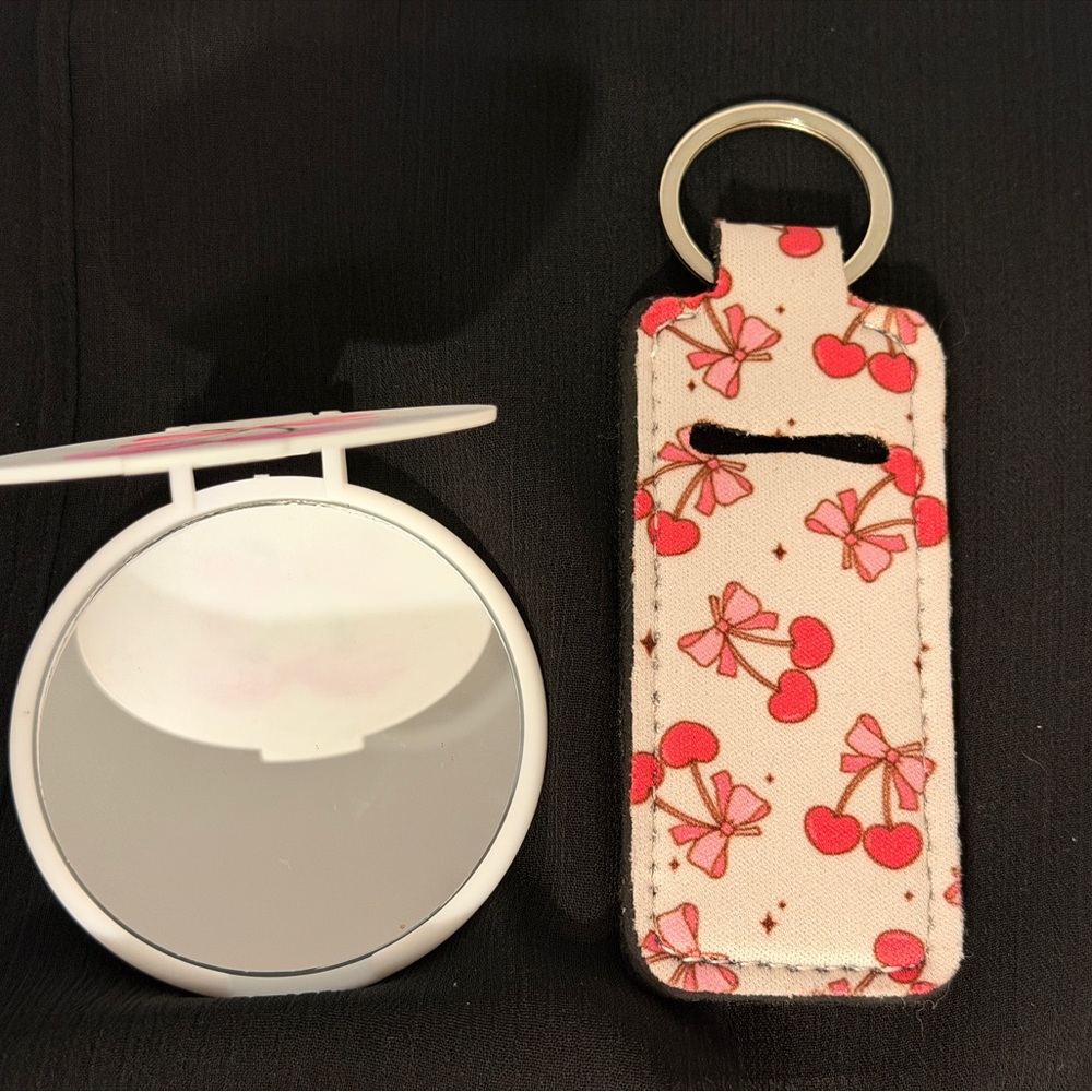 Cherry Design Round Compact Makeup Mirror with Chapstick Keychain Case - Picture 2 of 2